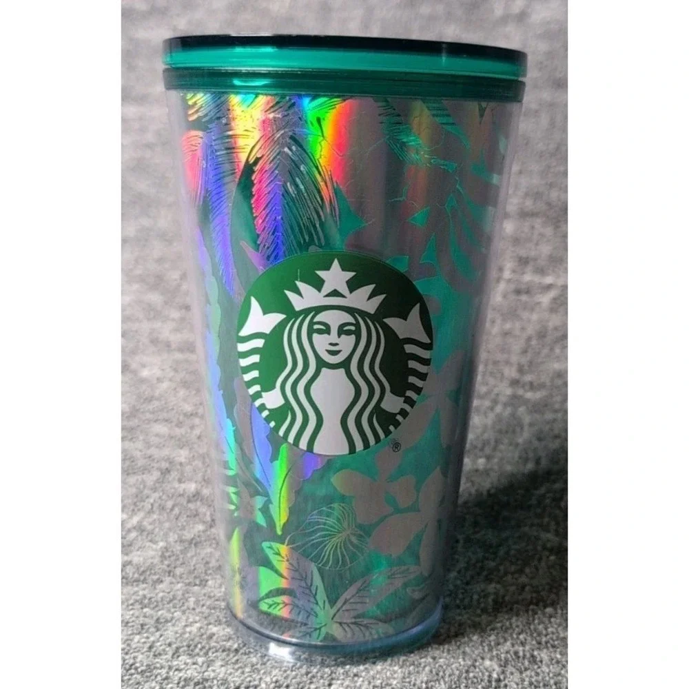 Starbucks 2022 Summer Grande 16oz‎ Silver Green Foliage Tumbler No Straw